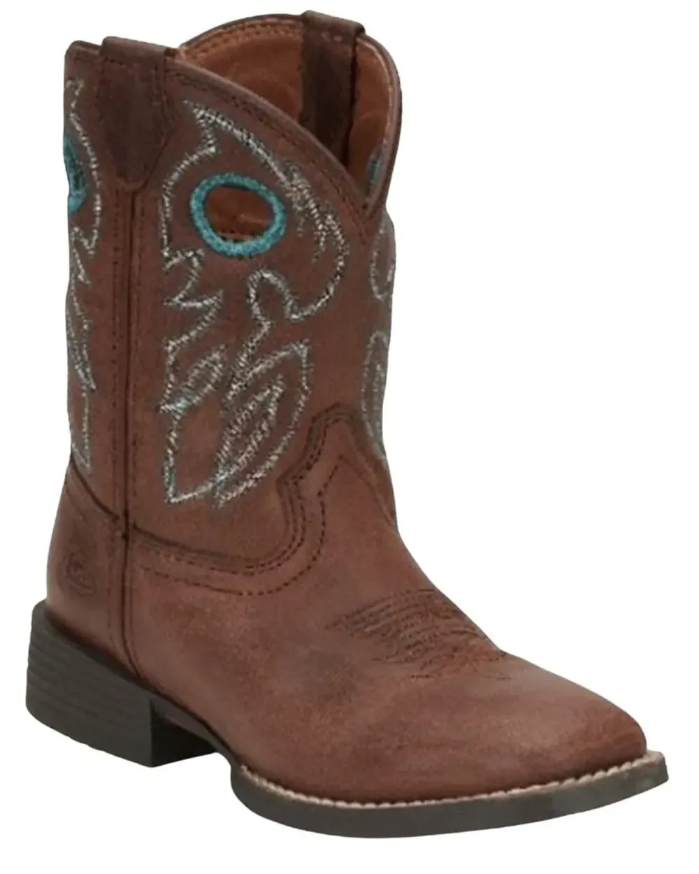 JUSTIN BOYS' BOWLINE JUNIOR WESTERN BOOT BROAD SQUARE TOE - CHOCOLATE/TURQUOISE